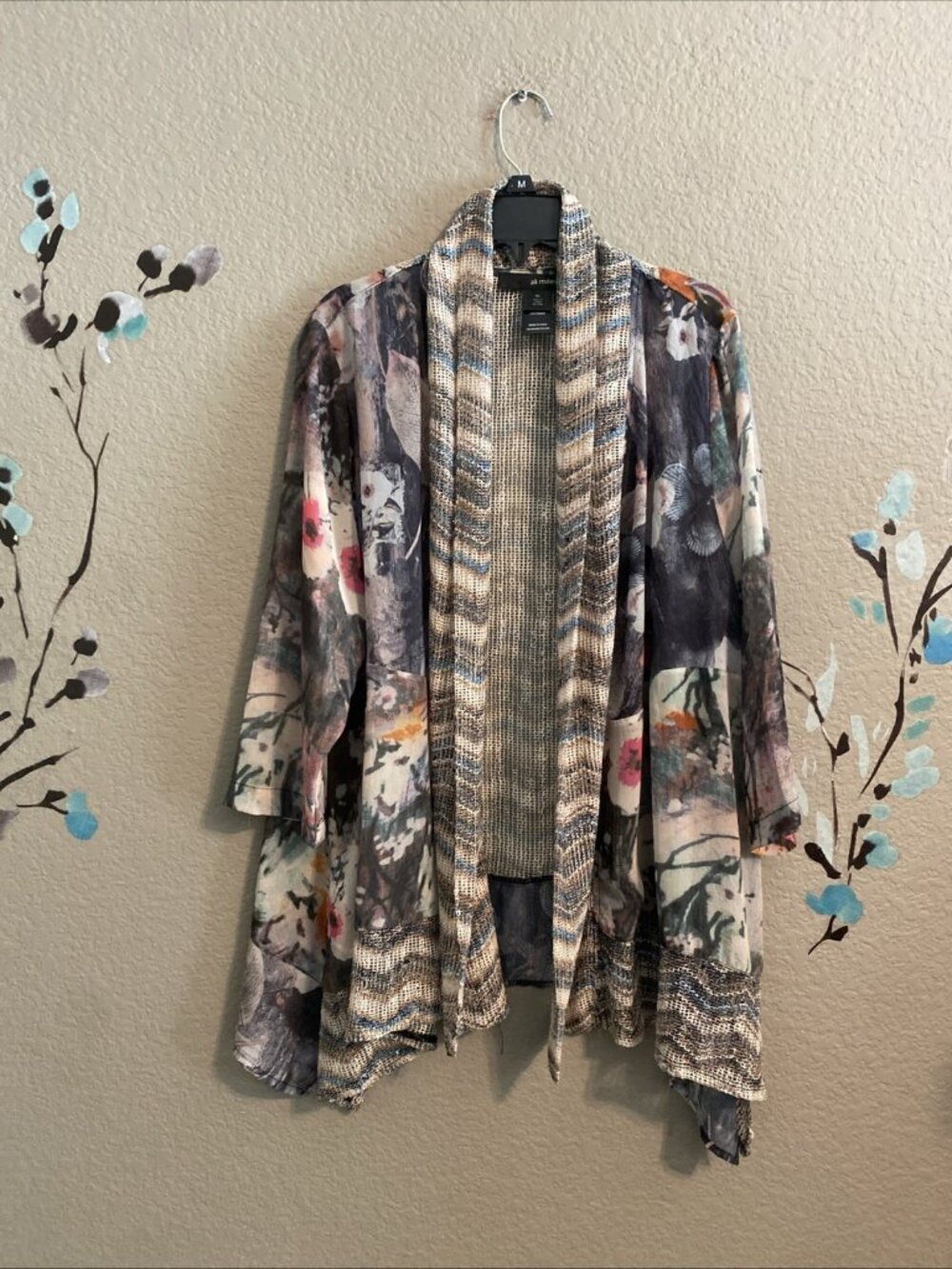 Ali Miles Floral Patchwork Kimono Cardigan Mixed Media Lightweight Boho Sheer PL